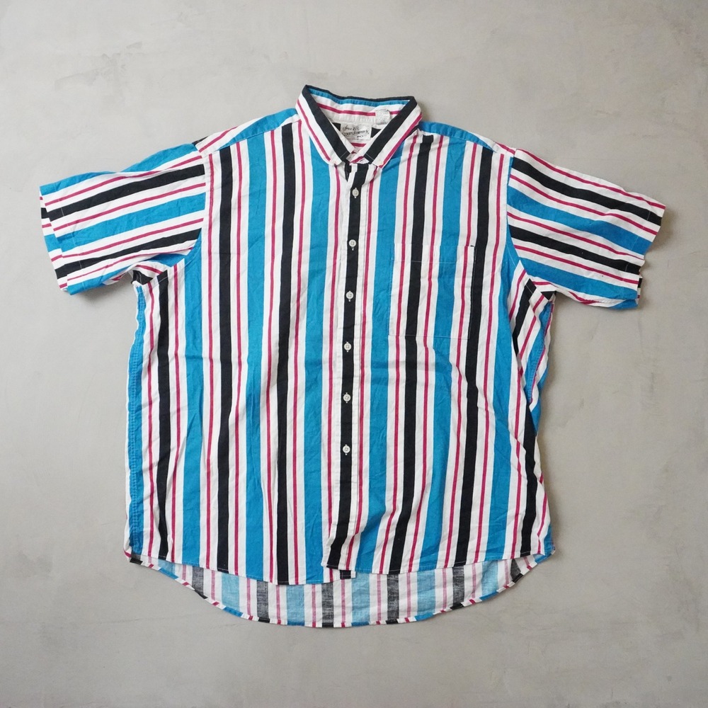 Vintage Sears Roebuck Shirt XXL Mens 90s Blue Red Striped Short Sleeve Cotton